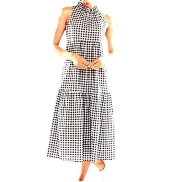 Sara Campbell Black & White Gingham Print Seersucker Tiered Midi Dress - XS